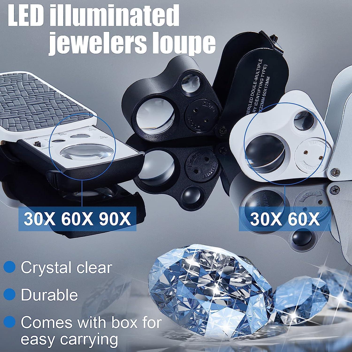 LED Slide Out Pop Up Pocket Magnifying Glass 30X, 60X, 90X, UV Light,  Jewelers Loupe, Stamps, Coins, Gems