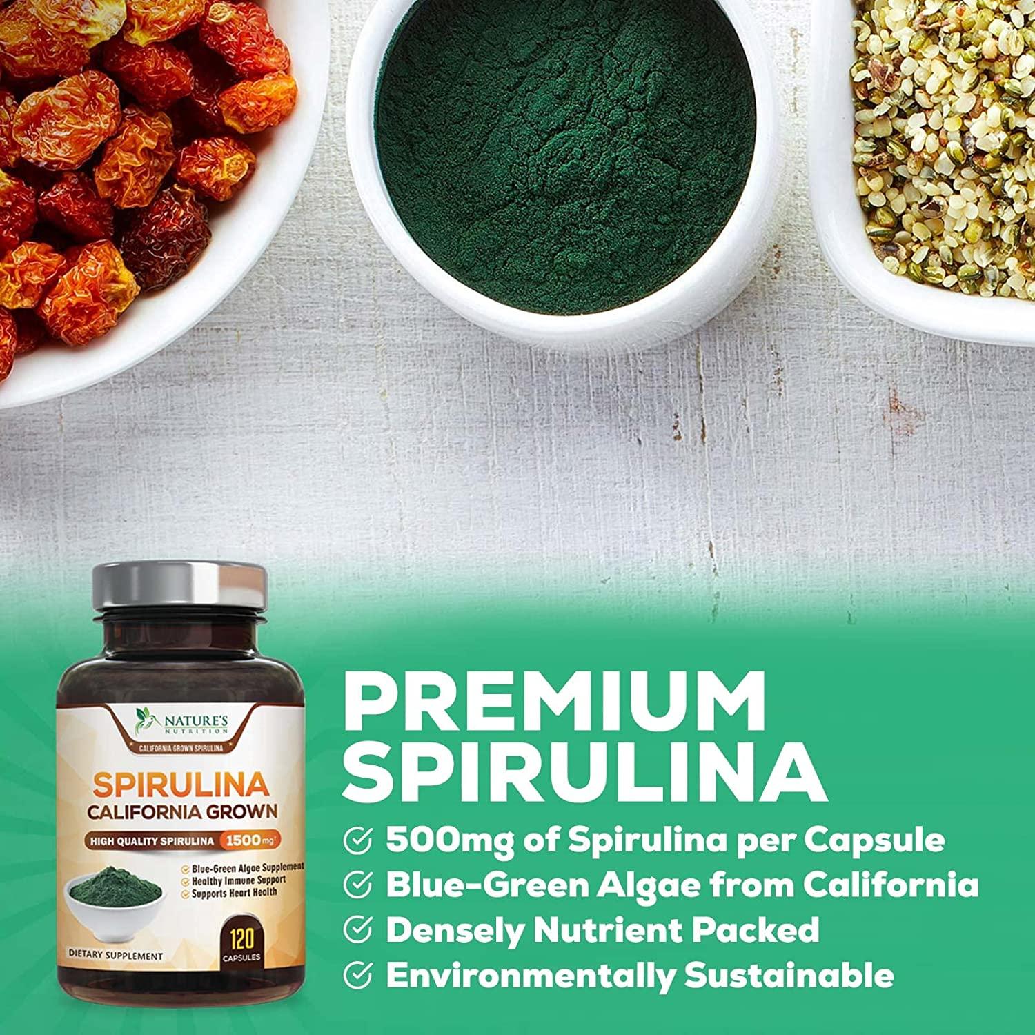 Spirulina Capsules 1500mg Premuim, Natural Spirulina from Blue Green