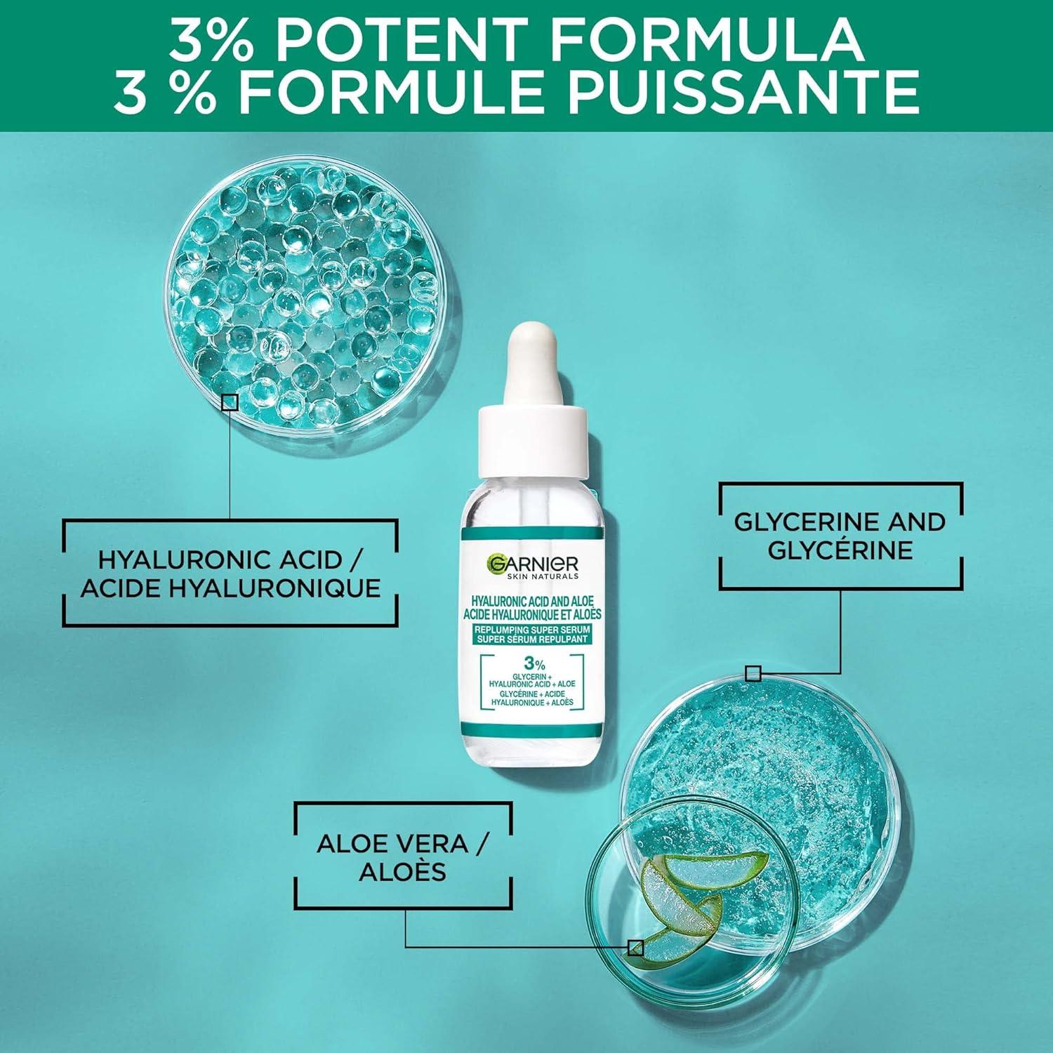 Garnier Aloe Vera Serum With Hyaluronic Acid and Aloe Replumping and  Hydrating & Charcoal Serum Pore-Purifying Mattified Looking Skin With 4%  AHA + ...