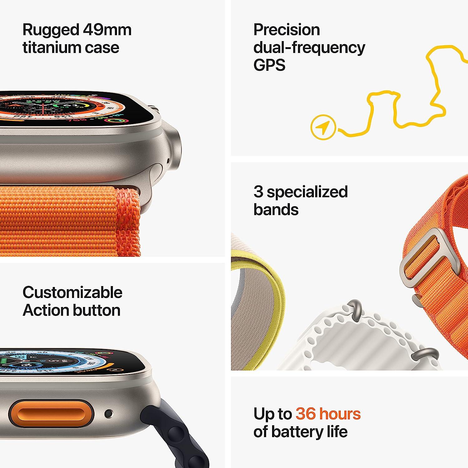 Apple Watch Ultra [GPS + Cellular 49mm] Smart Watch w/Rugged Titanium Case  & Orange Alpine Loop Small. Fitness Tracker, Precision GPS, Action Button