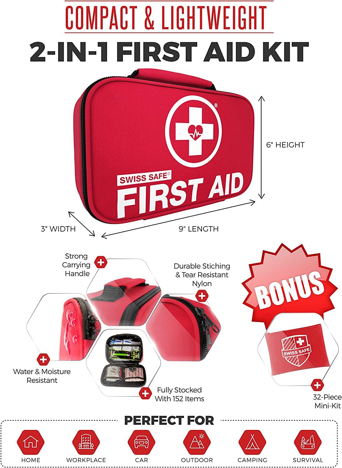 Swiss Safe 2in1 First Aid Kit (120 Piece) + Bonus 32Piece Mini First
