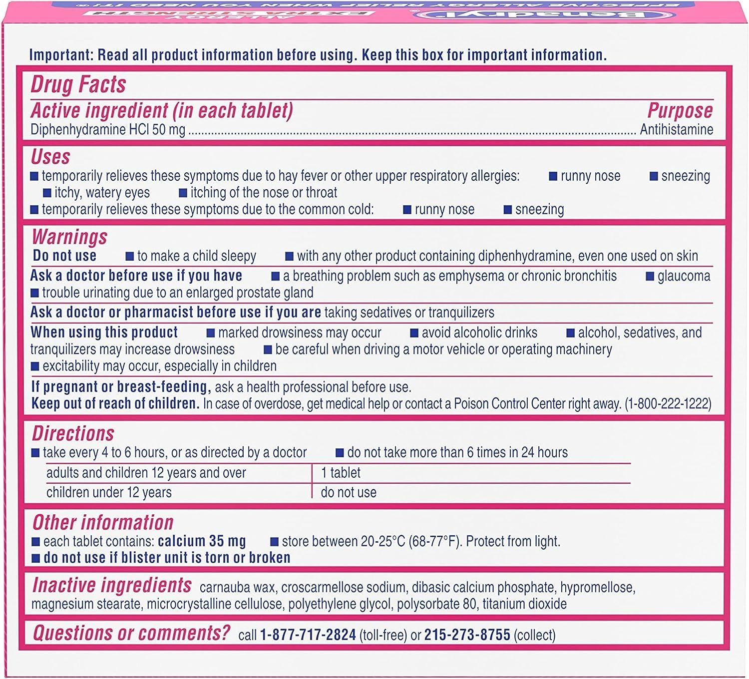 Benadryl Extra Strength Allergy Relief Tablets 50mg 24ct Pack for Hay