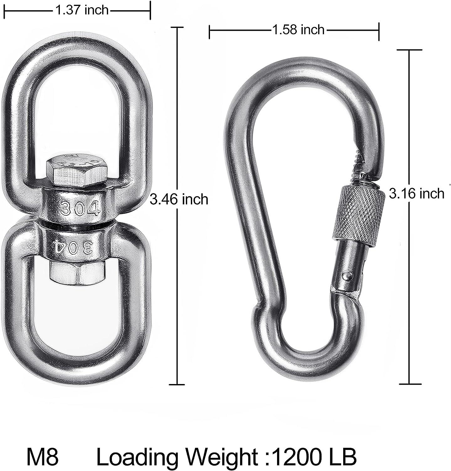 2+1 Heavy Duty 304 Stainless Steel Swivel Ring Double Ended Swivel Eye Hook  with SUS304 Snap Hooks for Web Tree Swing, Therapy Swing, Aerial Dance,  Swing Spinner Hanger, Reliable and Safe (M8)