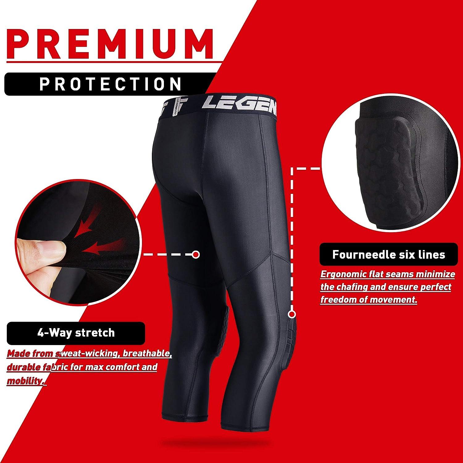 Legendfit Youth Boys Basketball Compression Pants with Knee Pads 3/4 Capri  Padded Sport Tights Athletic Workout Leggings Black Small