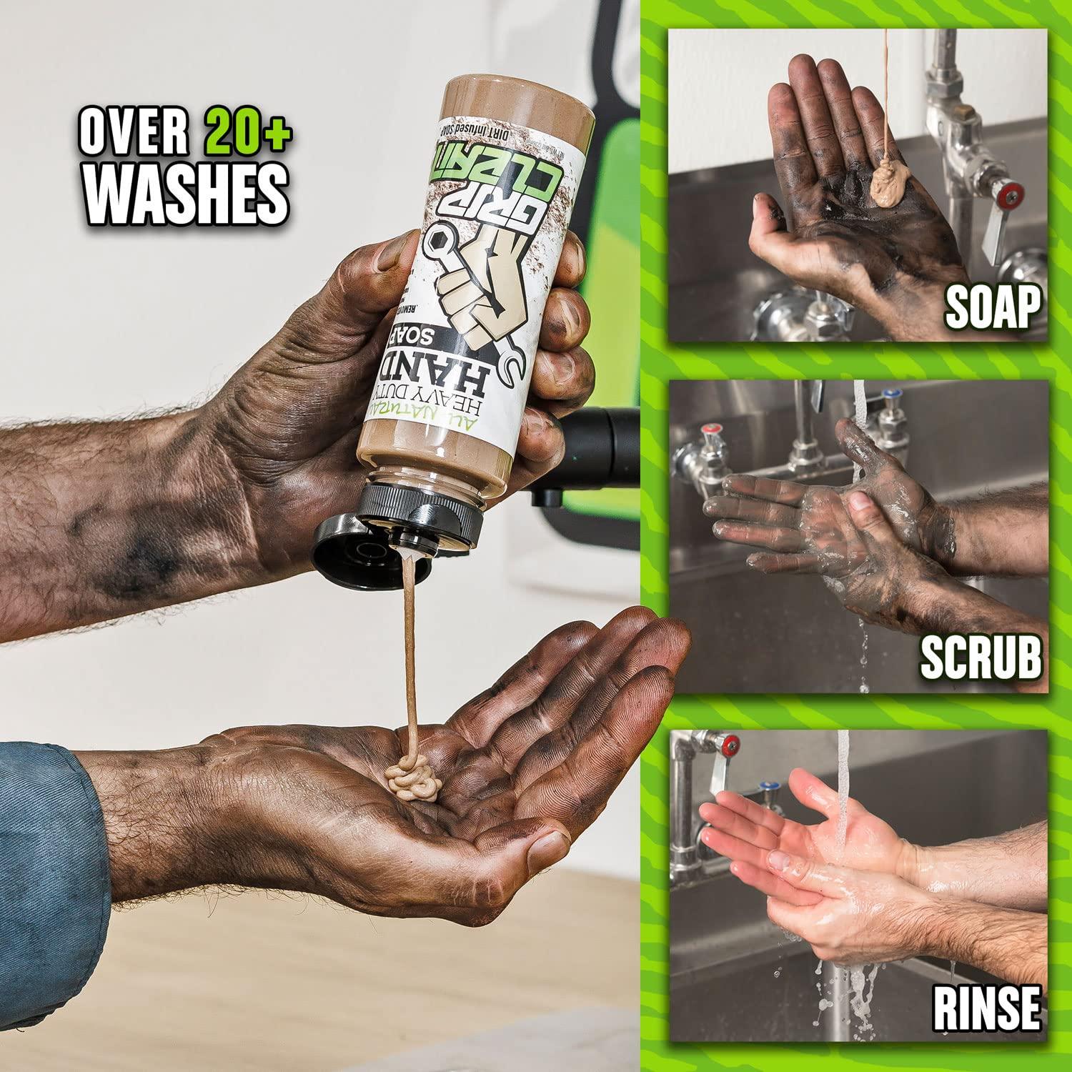 Grip Clean  Hand Cleaner for Auto Mechanics - Heavy Duty Pumice Soap  Dirt-Infused Hand Soap Absorbs Grease/Oil Stains Odors & More. All Natural  Soap with Moisturizing Ingredients. Lime Scented for Men