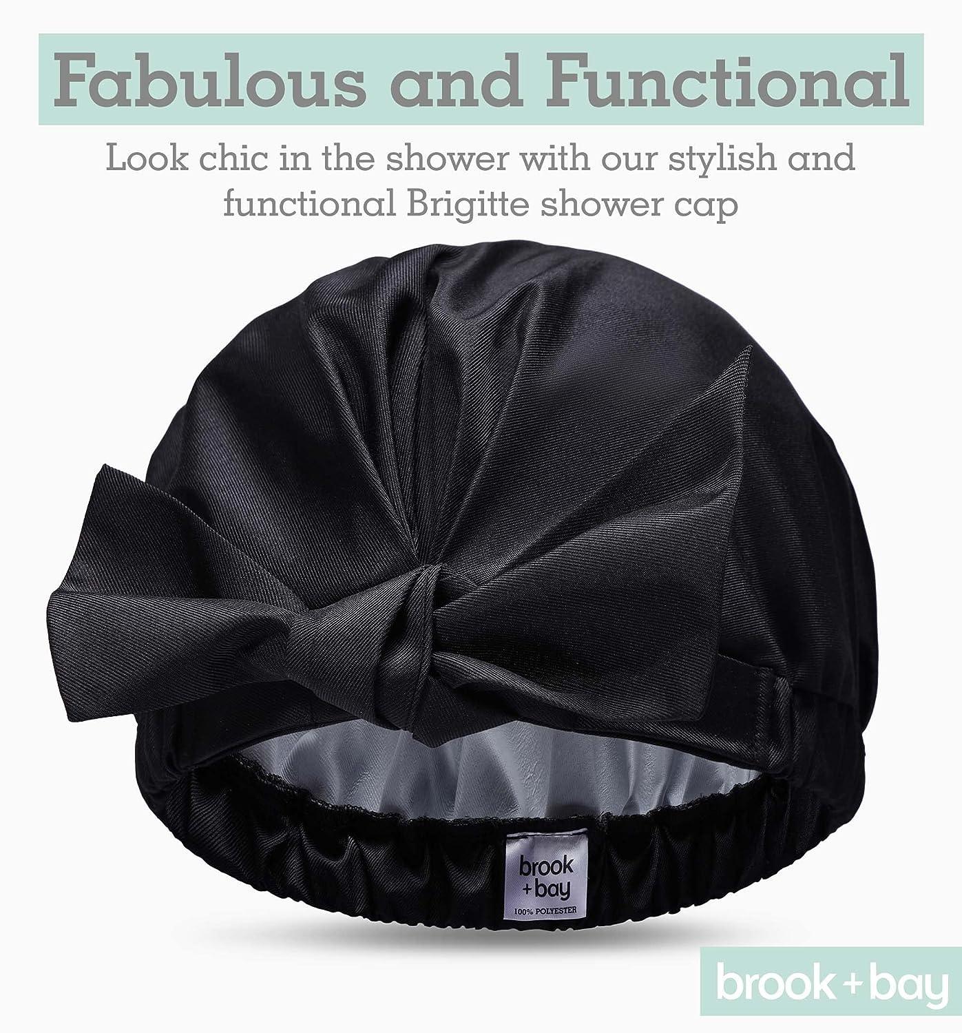 Luxury Black Shower Cap for Women with Bow Reusable Waterproof