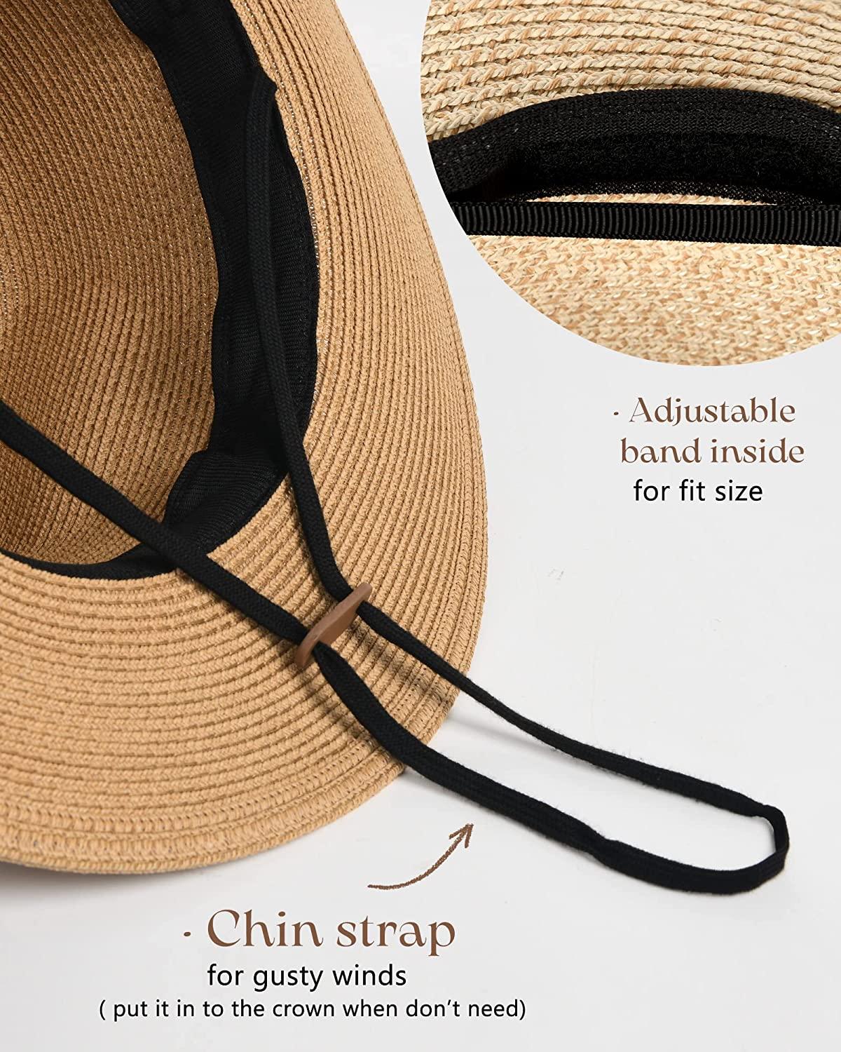 Womens Mens Wide Brim Straw Panama Hat Fedora Summer Beach Sun Hat UPF  Straw Hat for Women Khaki Medium-Large