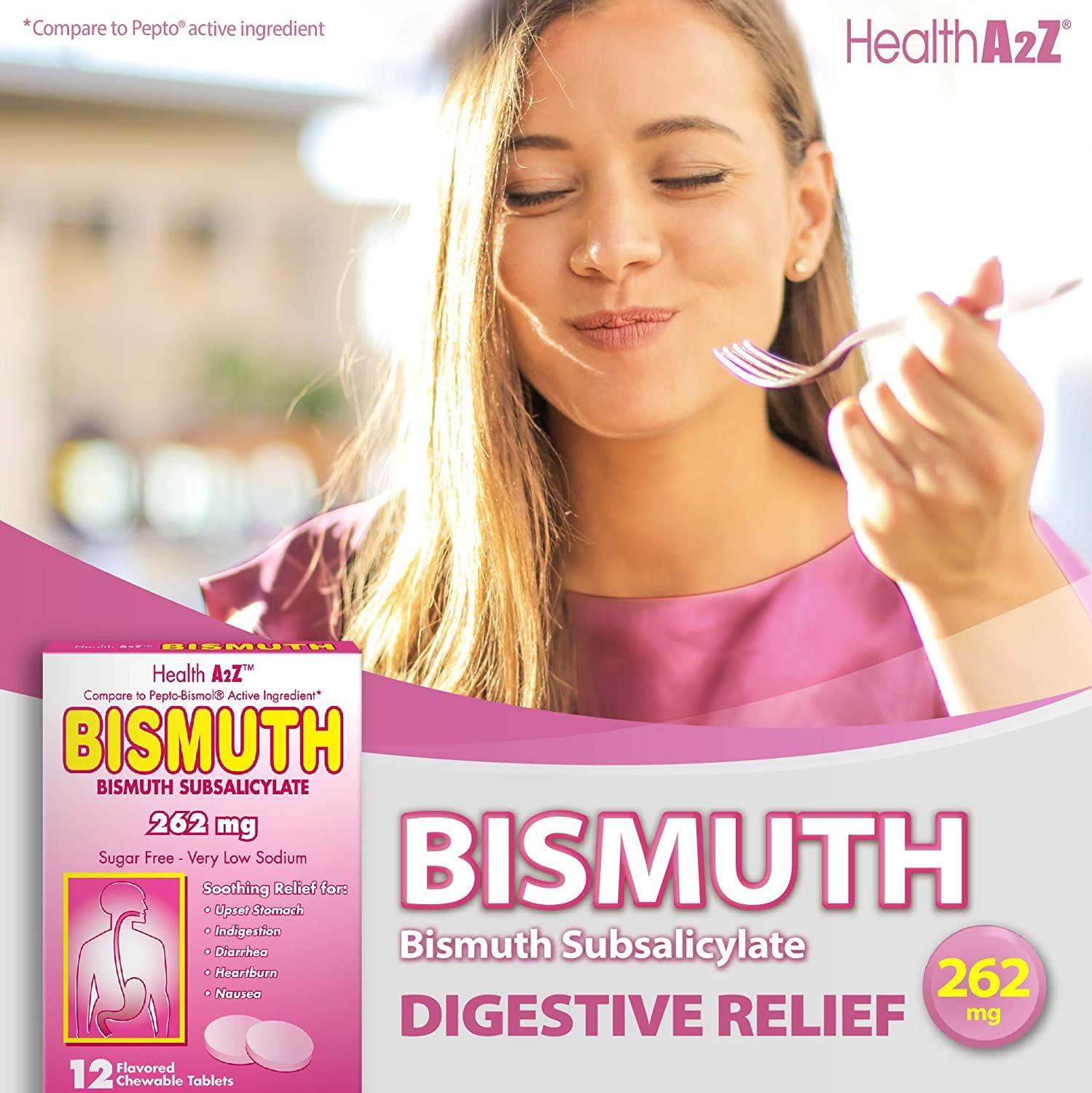 HealthA2Z Bismuth Bismuth Subsalicylate 262mg MultiSymptom Relief 3 Packs of 12 Chewable