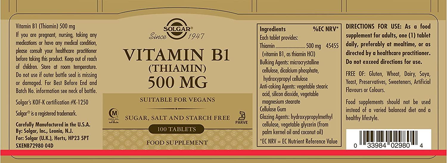 Solgar Vitamin B1 500 mg 100 Tablets HighQuality B1 Supplement for