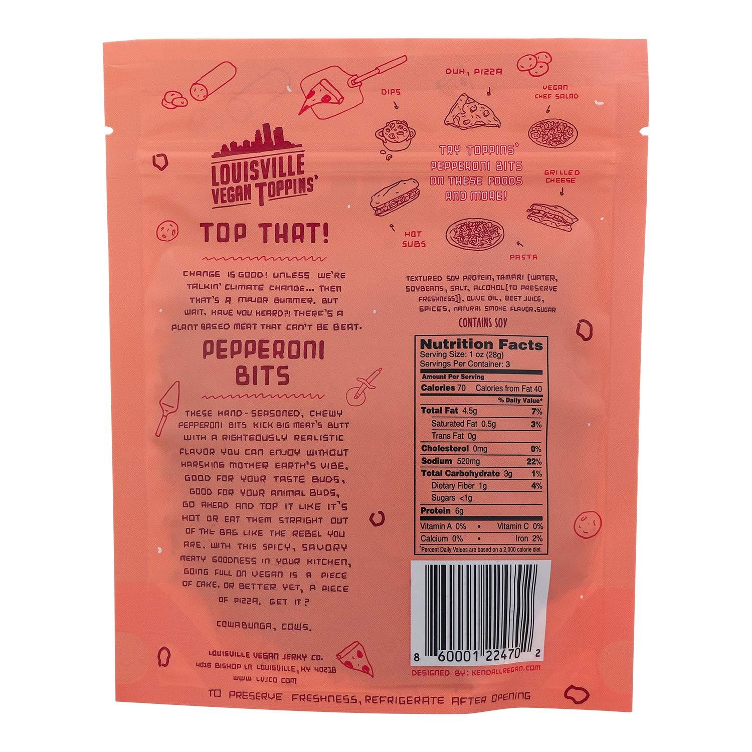 Louisville Vegan Jerky Toppins' Bits Variety Pack Bacon, Pepperoni