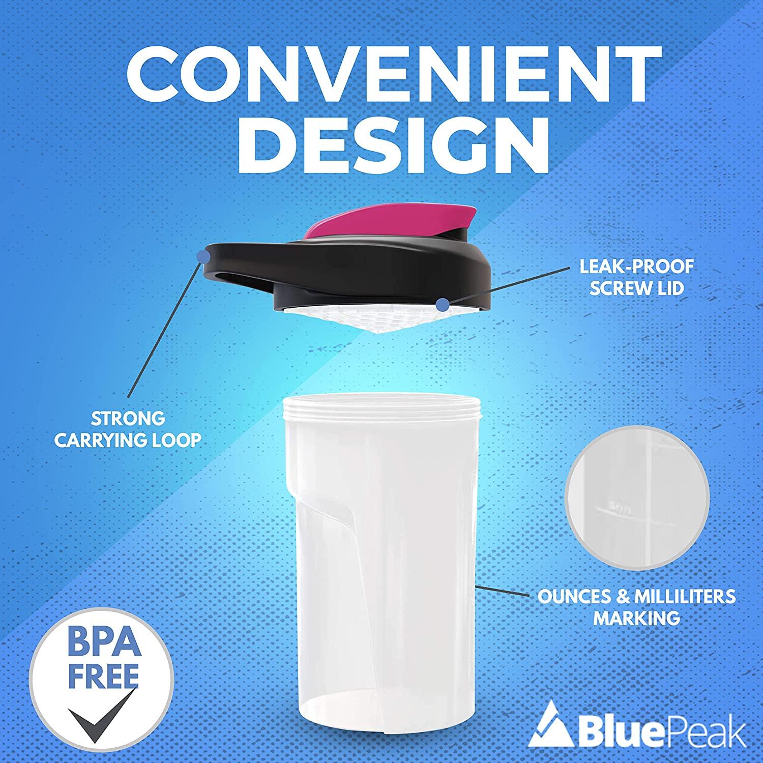 BluePeak Protein Shaker Bottle 20 oz with Dual Mixing Technology