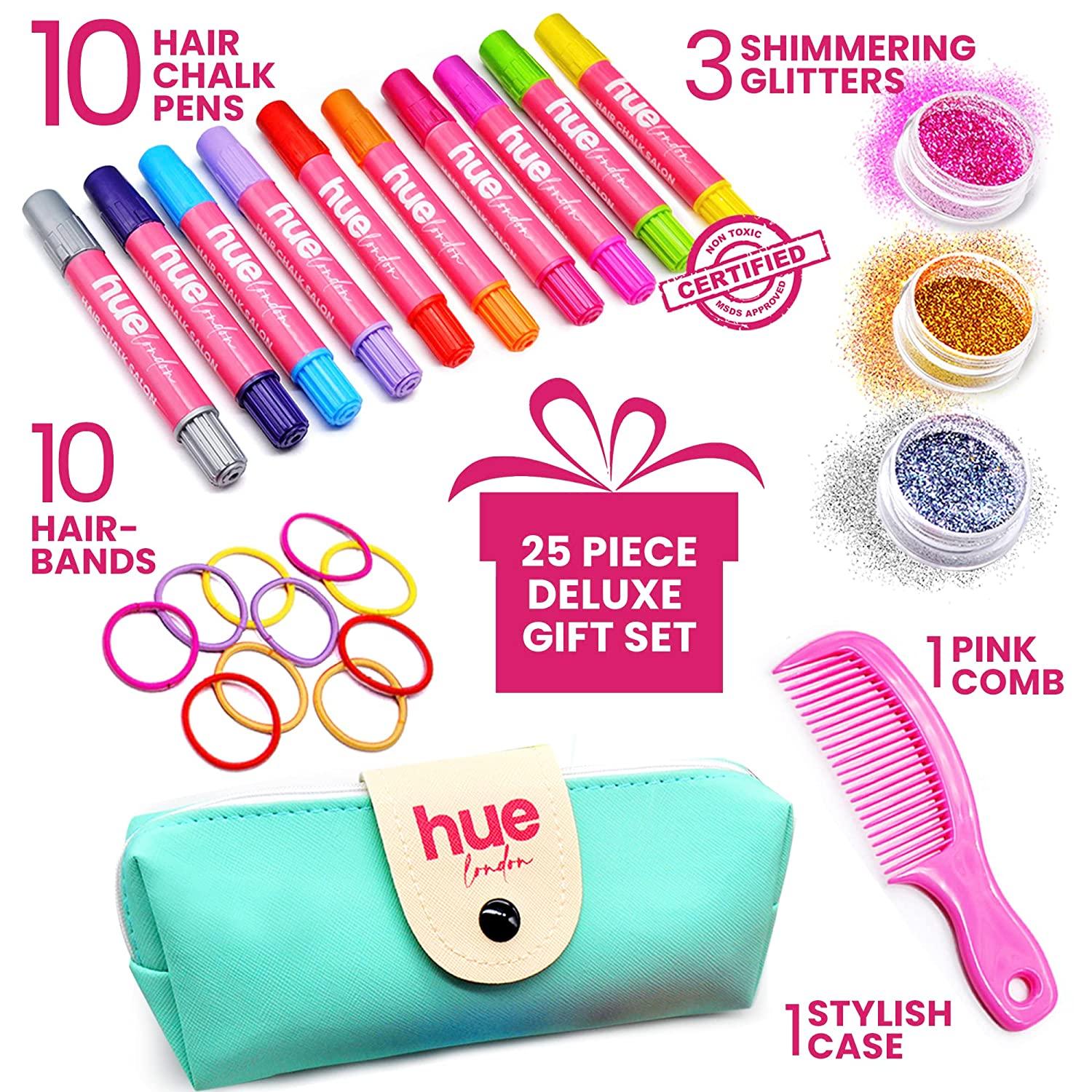 HueLondon Hair Chalk Set for Girls with Glitter Temporary Hair Color