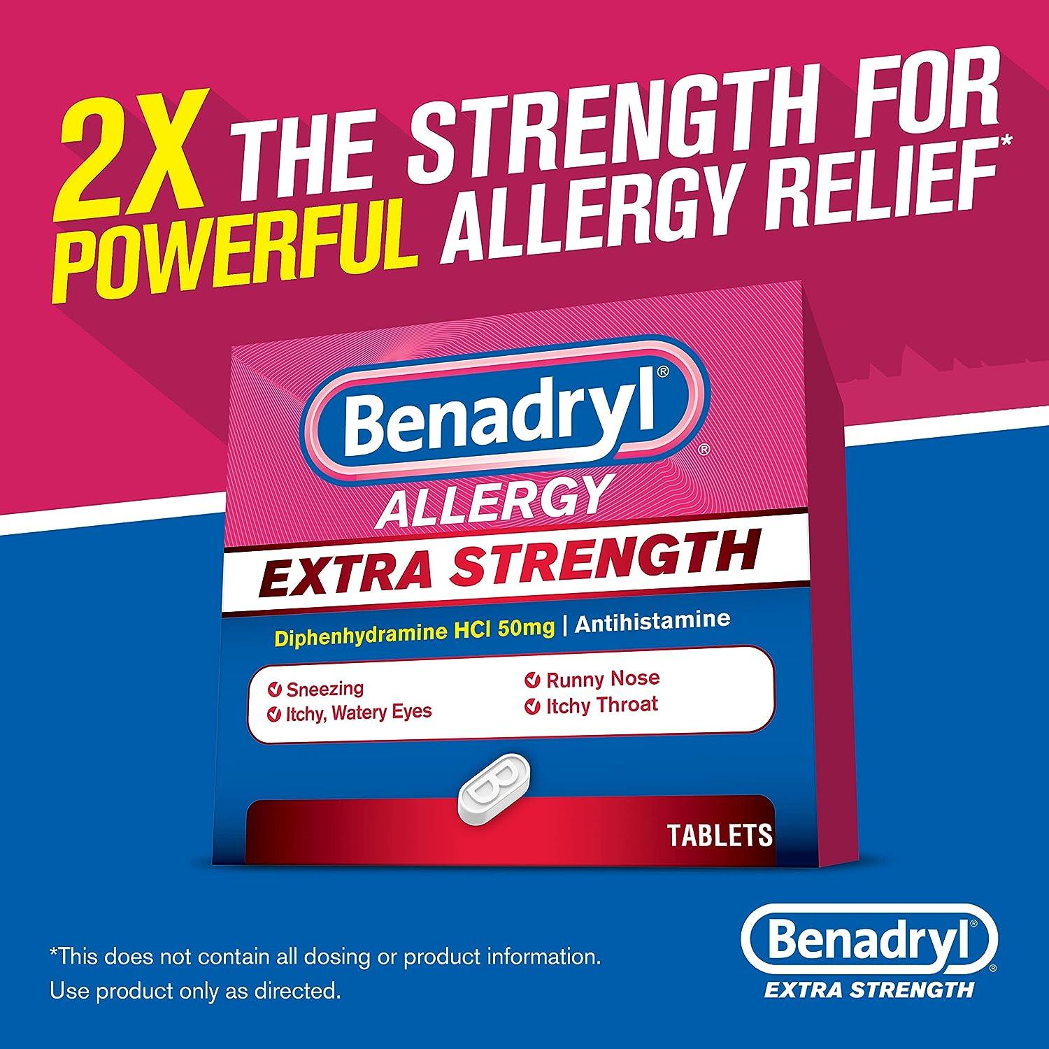 Benadryl Extra Strength Allergy Relief Tablets 50mg 24ct Pack for Hay