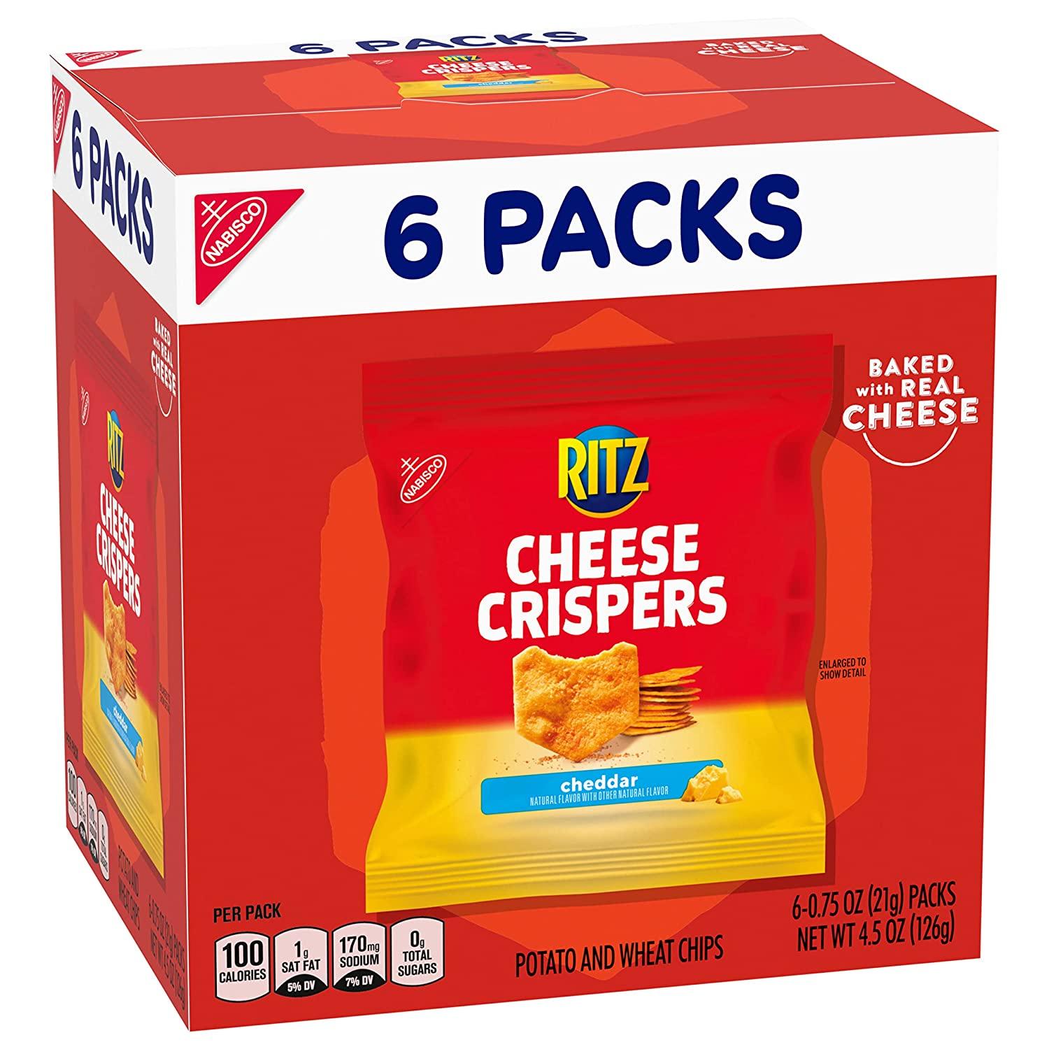 RITZ Cheese Crispers Cheddar Chips, School Lunch Box Snacks, 24 0.75 oz Snack Packs