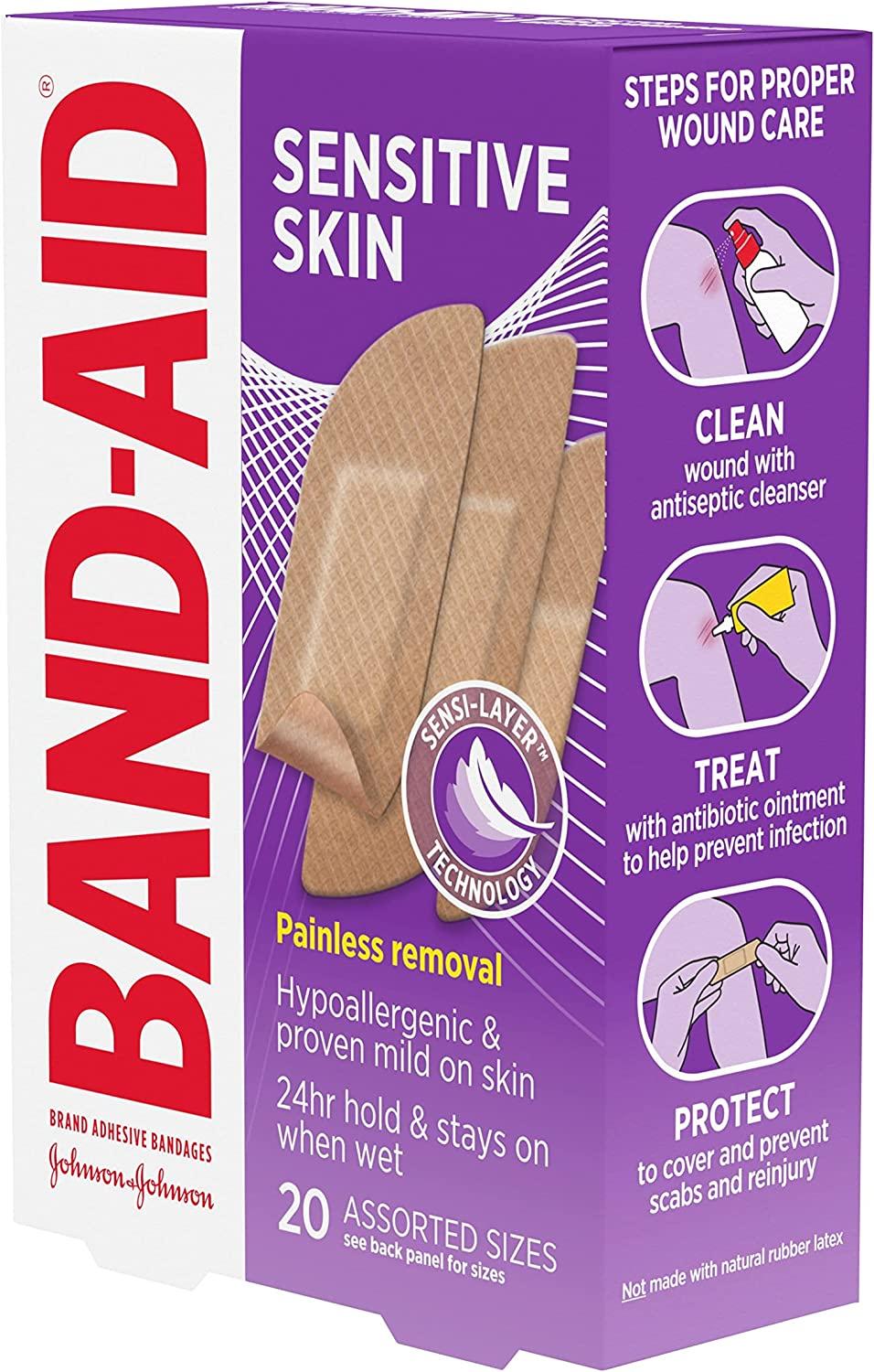 BandAid Sensitive Skin Adhesive Bandages Hypoallergenic, Painless
