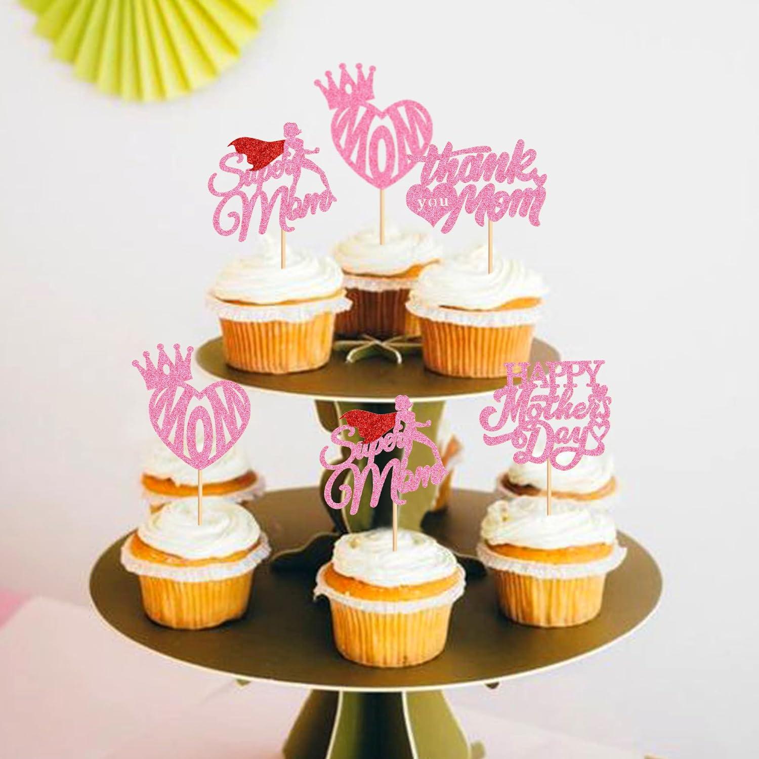 Ercadio 24 Stück Happy Mother's Day Cupcake-Topper Rosa Glitzer I
