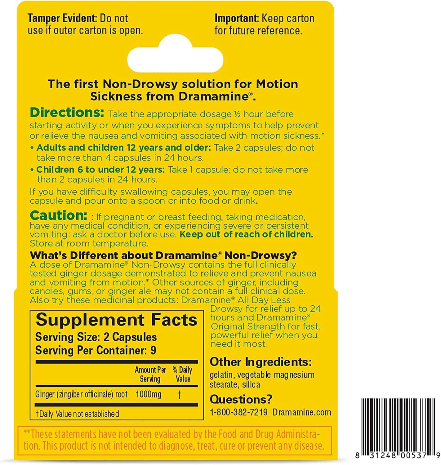 Dramamine NonDrowsy Naturals with Natural Ginger, 18 Capsules by Dramamine