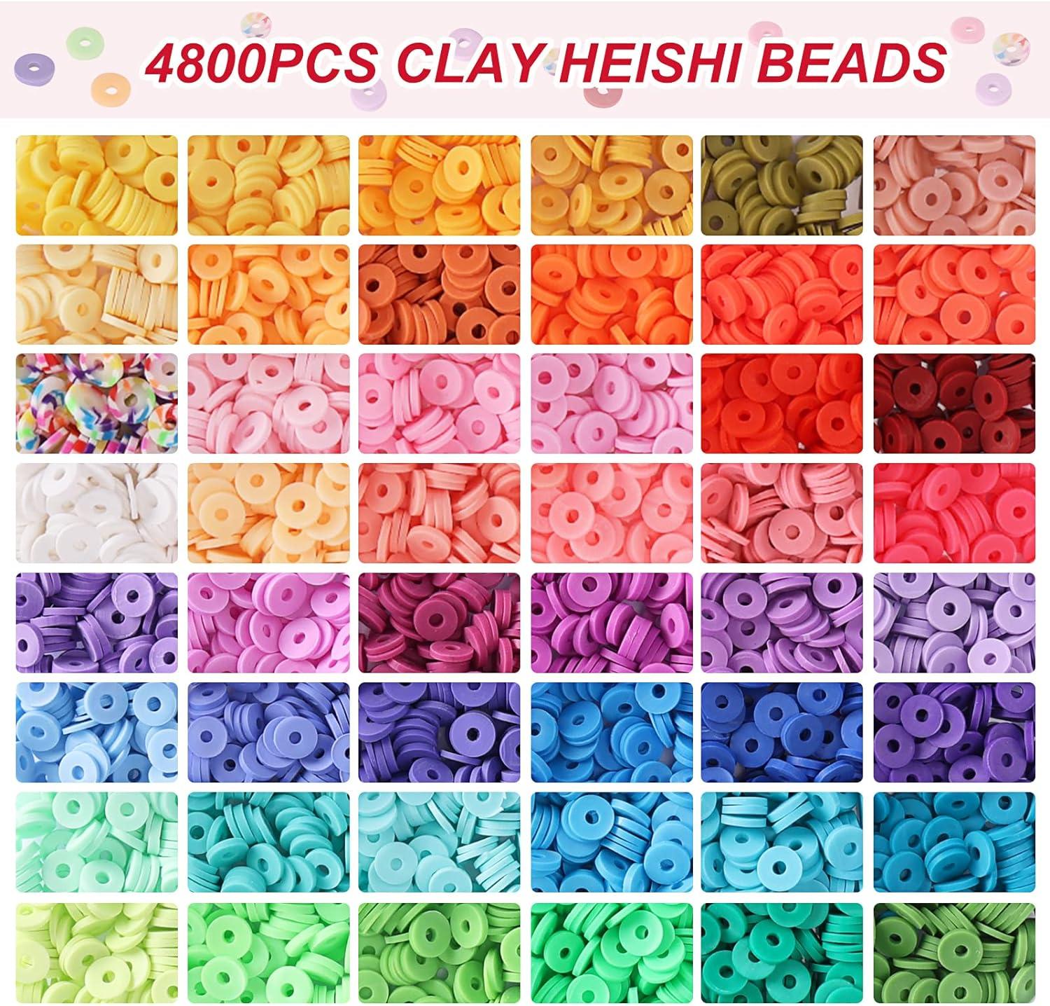 QUEFE 4800pcs Clay Beads for Bracelet Making Kit 48 Colors Flat Round  Polymer Clay Beads Spacer Heishi Beads for Jewelry Making Kit for Girls  8-12 Preppy Gift Pack