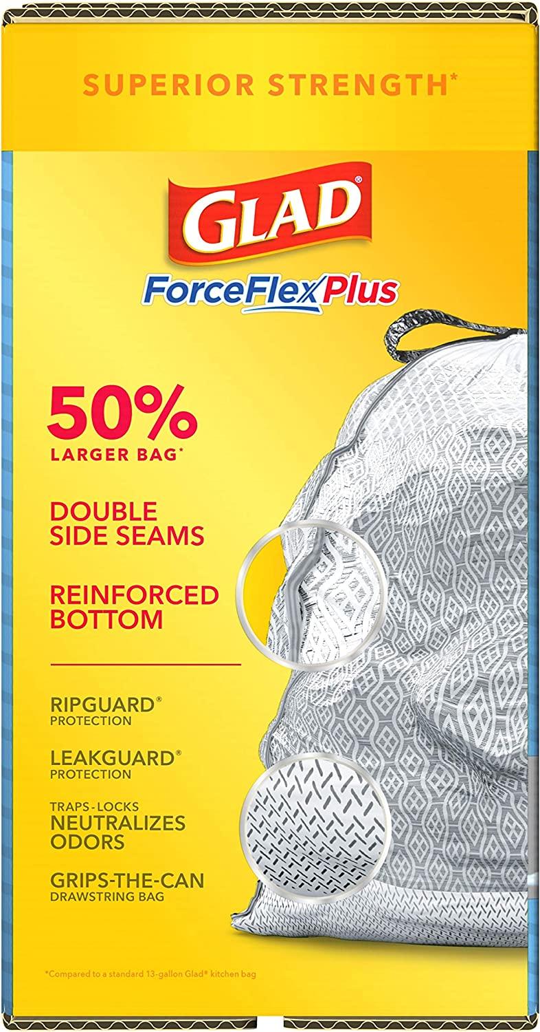 GLAD ForceFlexPlus XL X-Large Kitchen Drawstring Trash Bags - 20 Gallon  Grey Trash Bag, Fresh Clean