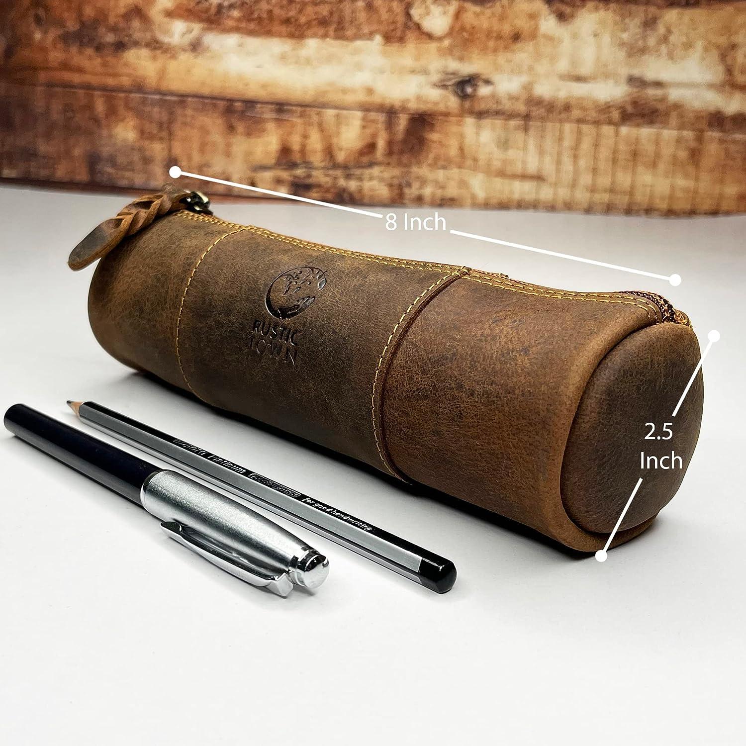 RUSTIC TOWN Leather Pencil Pouch - Zippered Pen Case for Work & Office ( Brown)