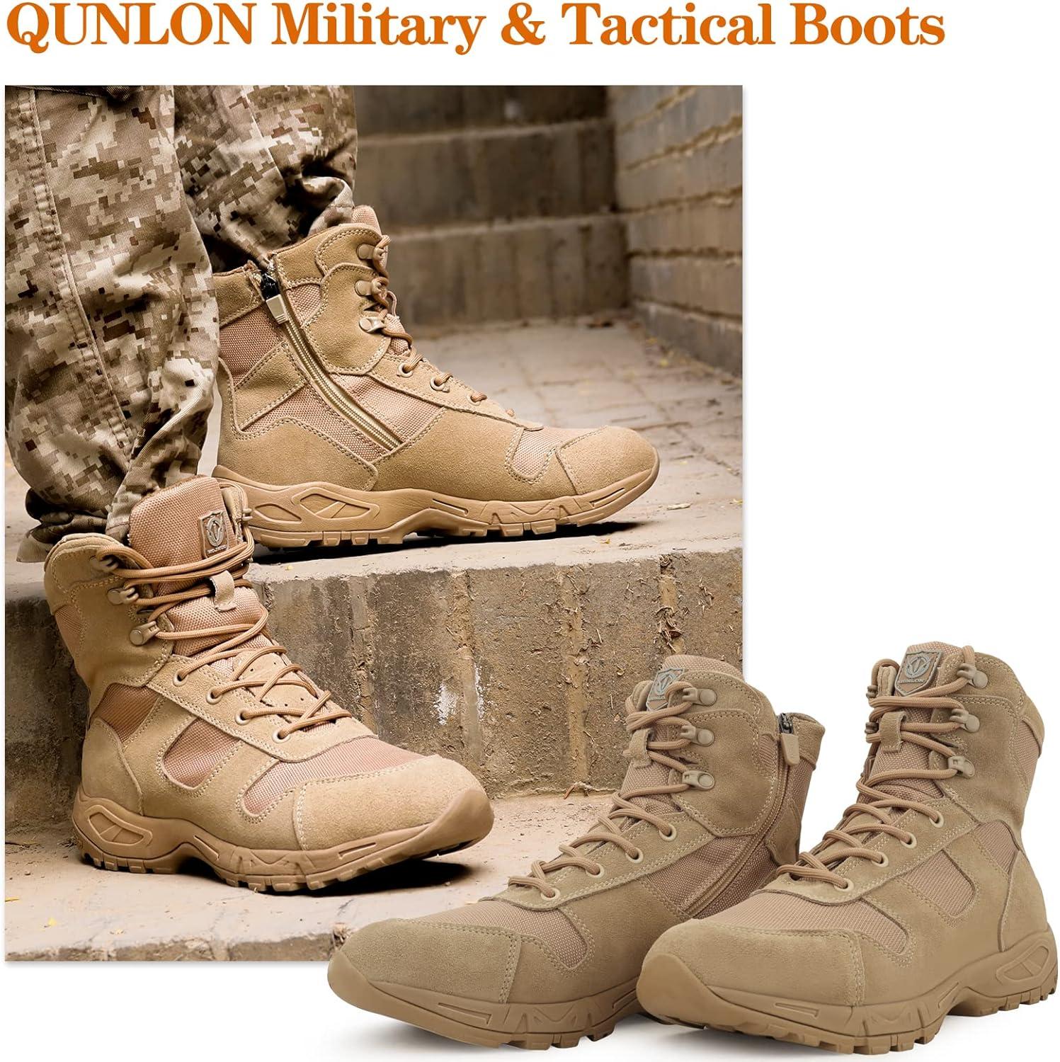 QUNLON Lightweight Tactical Boots for Men 8 Inches Military Boots Durable  Men's Combat Boots with Side Zipper Non-slip Backpacking Boots Breathable  Army Work Boots 7.5 Sand