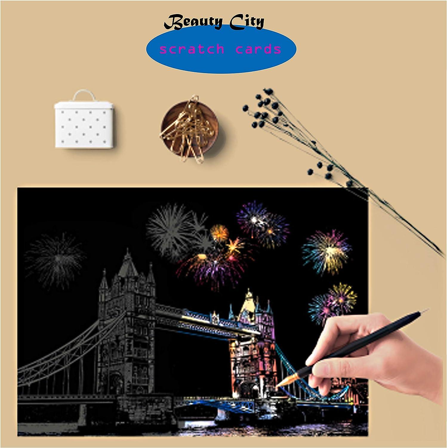 Fireworks City Scratch Painting & Cards Set Engraving Art A4 for Kids