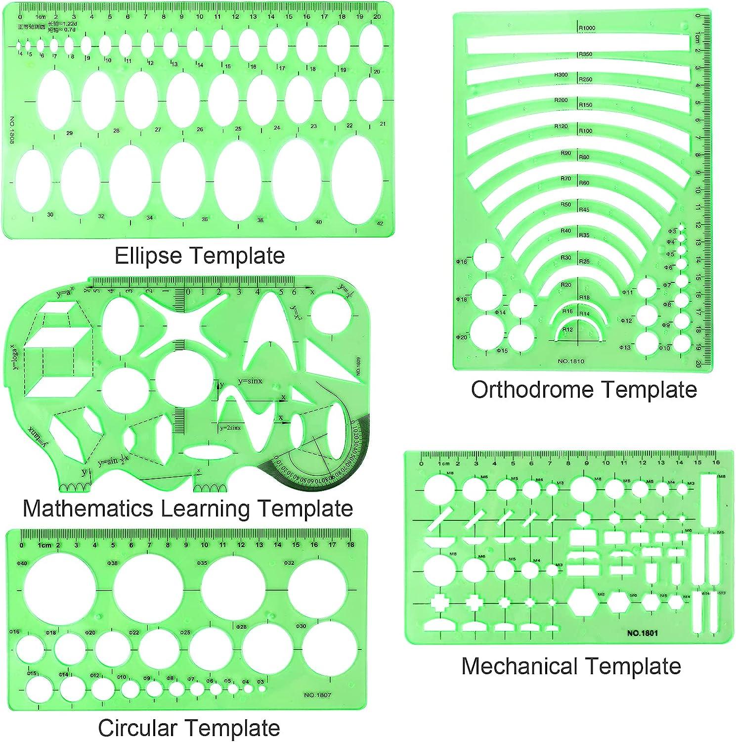 11PCS Geometric Drawings Templates, Drafting Stencils Measuring Tools,  BetyBedy Plastic Clear Green Ruler Shapes with a Zipper Bags for  Architecture, Office, Studying, Designing and Building