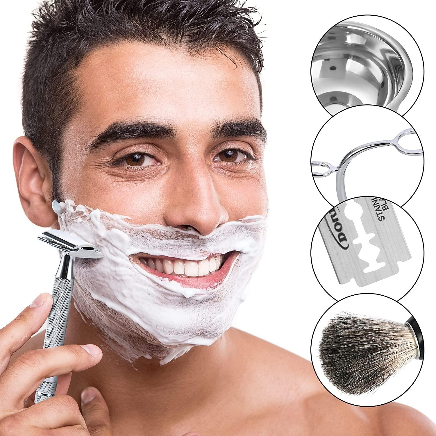 ACRIMAX Deluxe Men's Shaving Kit Chrome Razor & Brush Stand, Bowl, 10