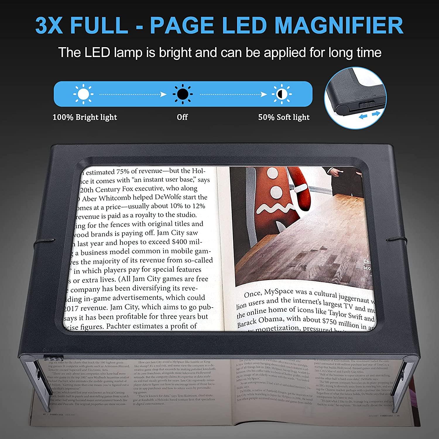 Magnifying Glass for Reading, 3X Large Lighted Magnifying Glass with 12 LED  Lights, 2 Power Supply Modes for Evenly Lit Reading Area, Foldable Magnifier  for Hands Free Reading, Low Vision and Seniors Black