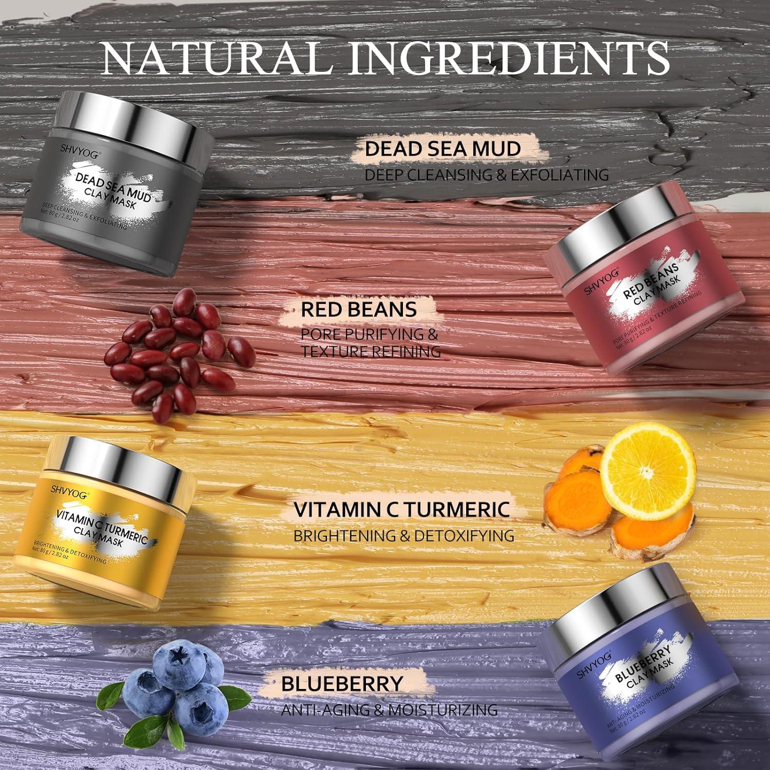 4 Pcs Clay Mask Set - Vitamin C Turmeric Dead Sea Mud & Blueberry