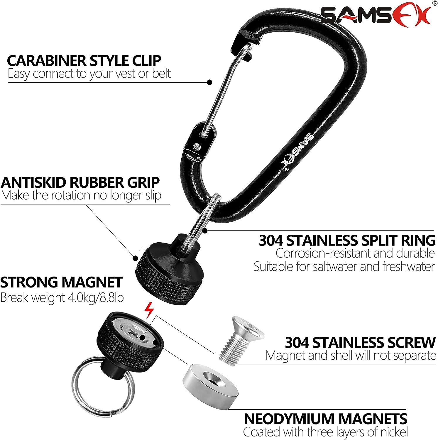SAMSFX Fishing Strongest Magnetic Net Release Magnet Clip Holder Retractor  with Coiled Lanyard Textured Grip Magnet, Black