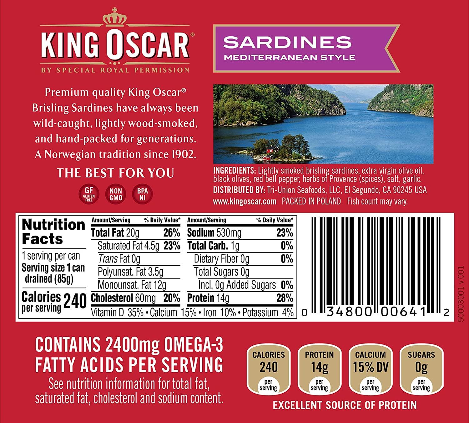 King Oscar Sardines, Mediterranean Style, One Layer, 3.75Ounce Cans