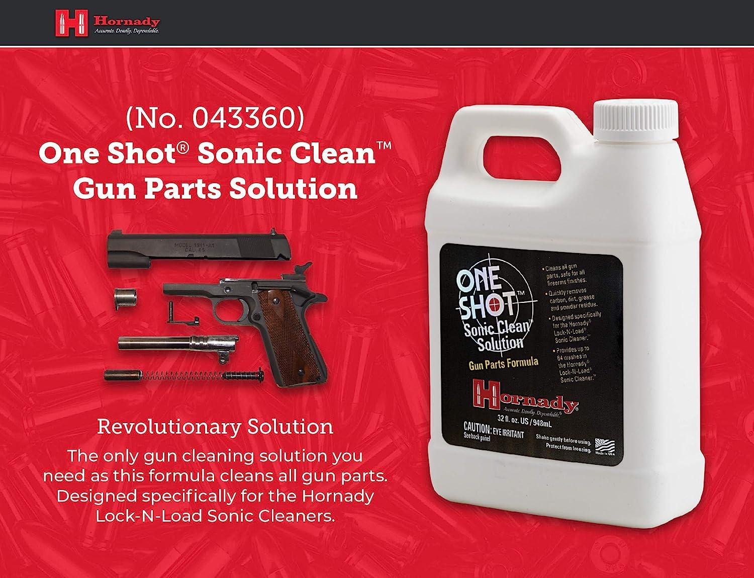 Hornady One Shot Sonic Clean Solution, 1 Quart Gun Cleaner Solution, Clean  All Gun Parts Safely and Quickly Designed for Use Lock-N-Load Sonic Cleaners  Item 043360
