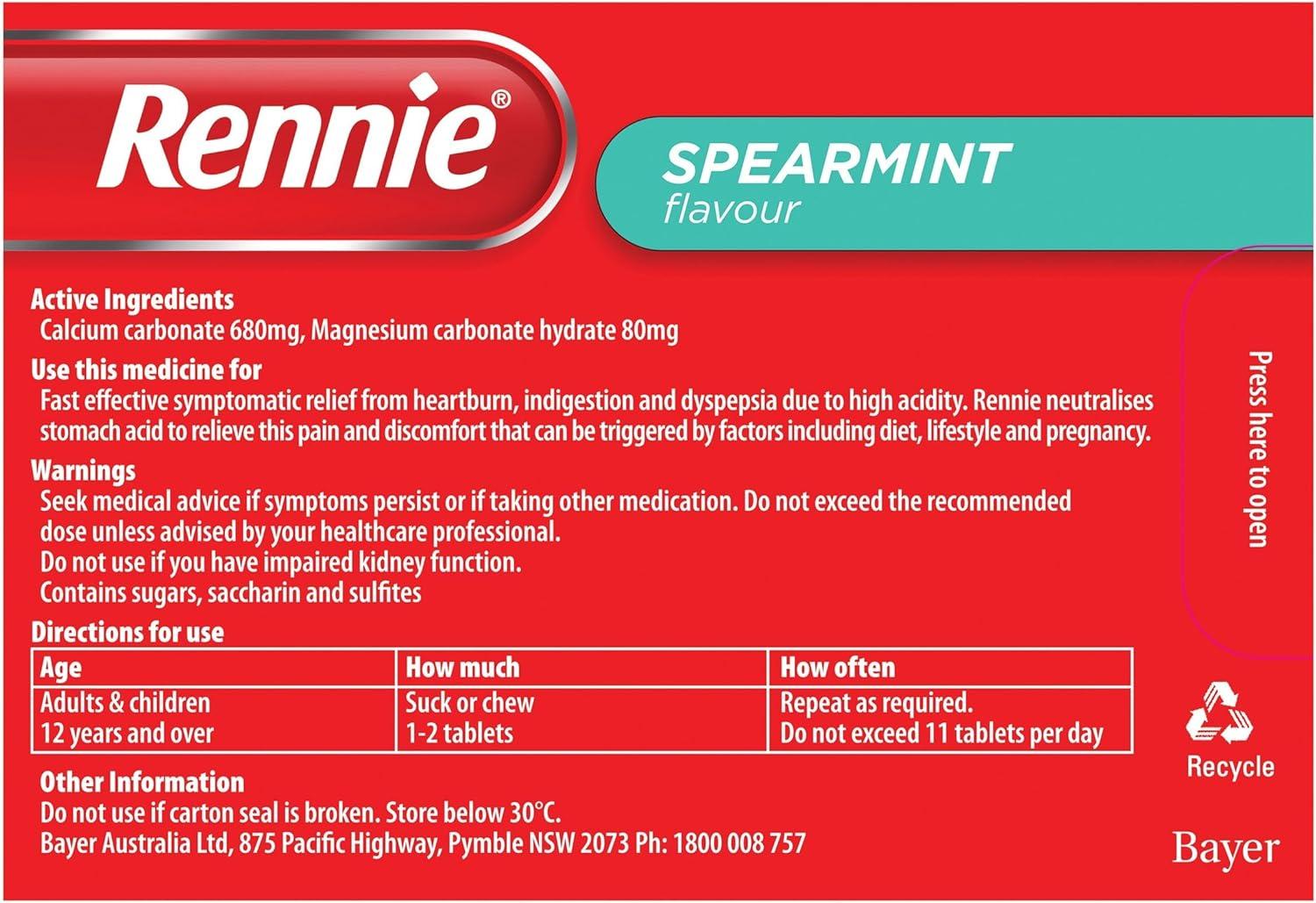 Rennie Indigestion and Heartburn Relief Spearmint 96 Chewable Tablets
