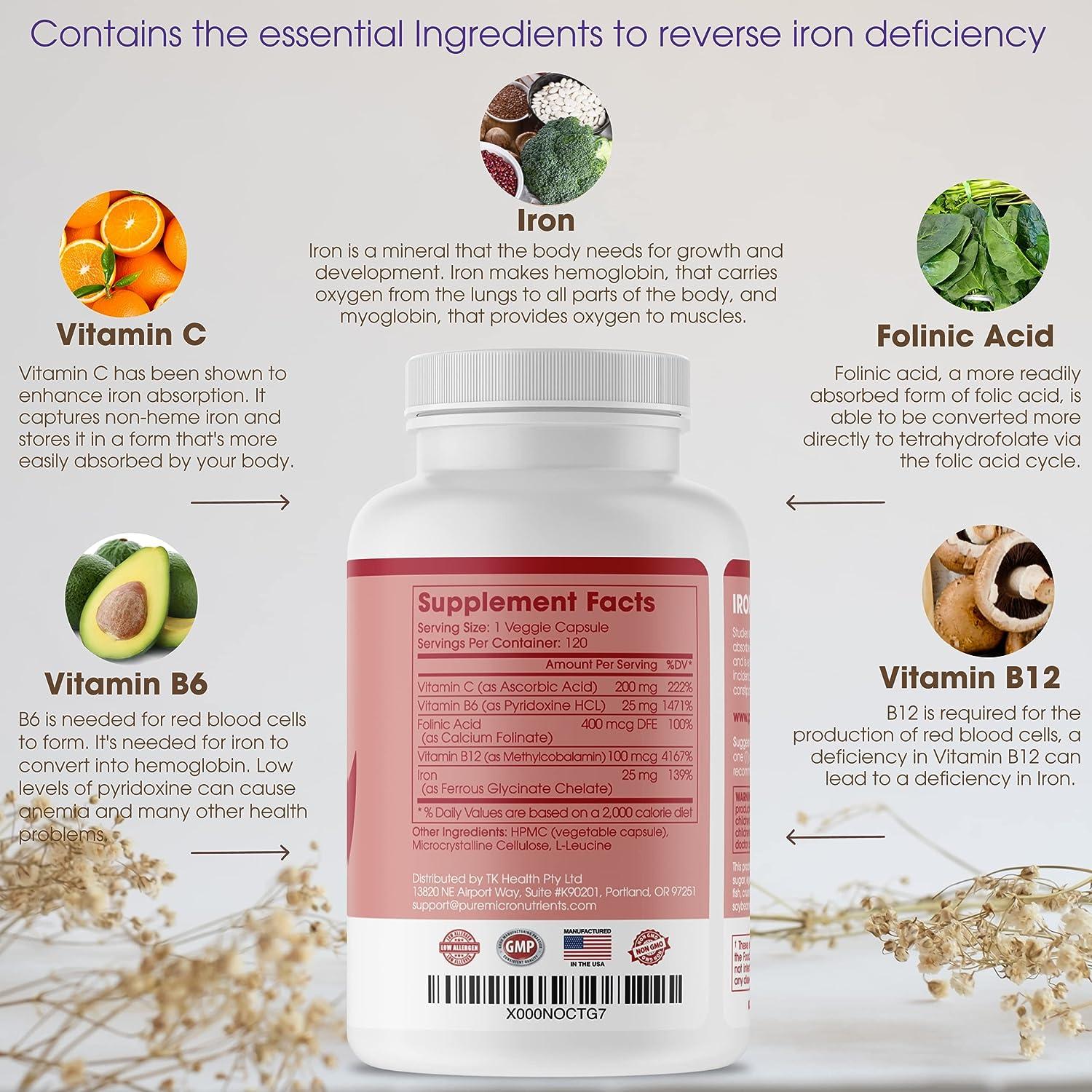 Iron Supplement for Women & Men Natural Ferrous Chelate Bisglycinate 25mg + Vitamin C B6 B12