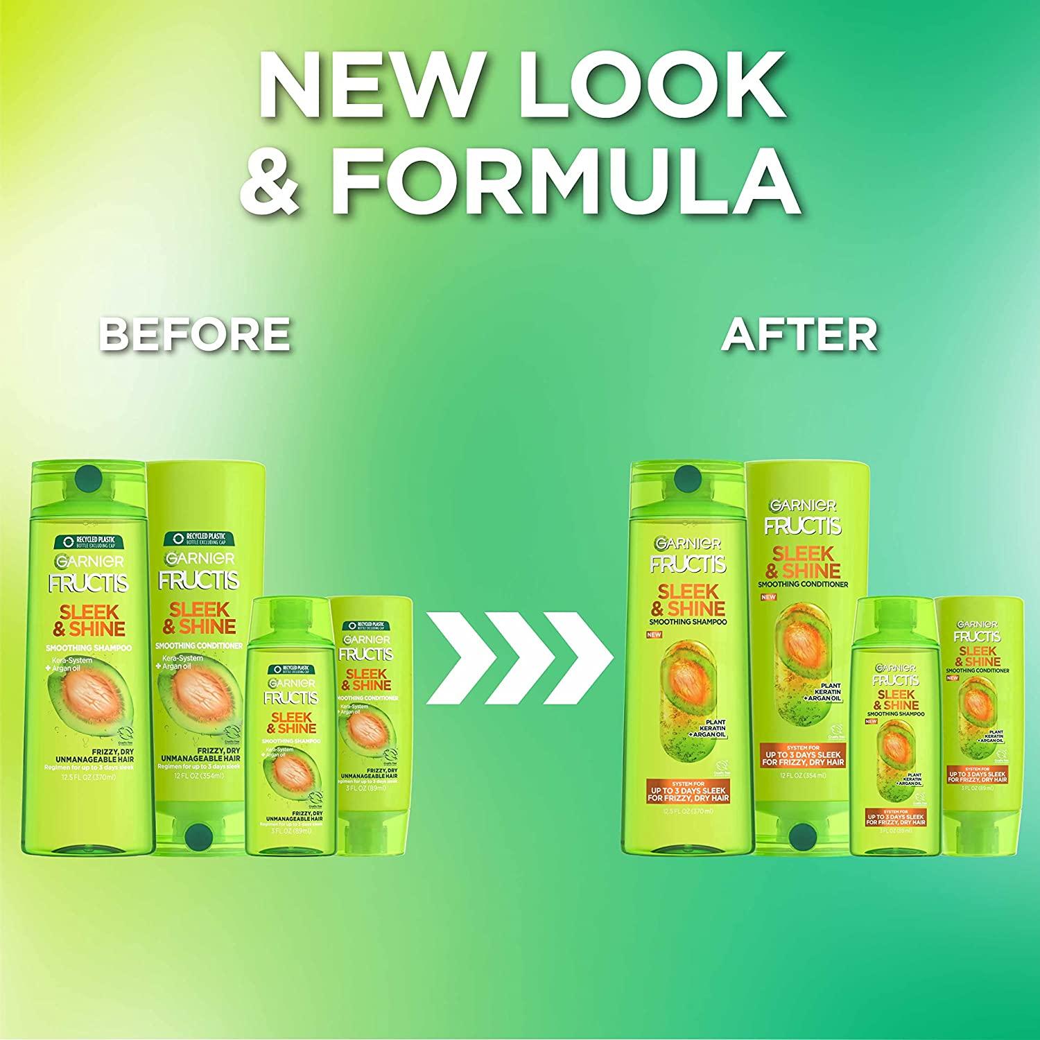 Garnier Fructis Sleek & Shine (12.5 Dry & ( Full Oz) Travel + & Plant Frizzy, + Fl Set + Conditioner Keratin (12 3 Hair, Oz) Fl Shampoo Argan Size for 3 Oil