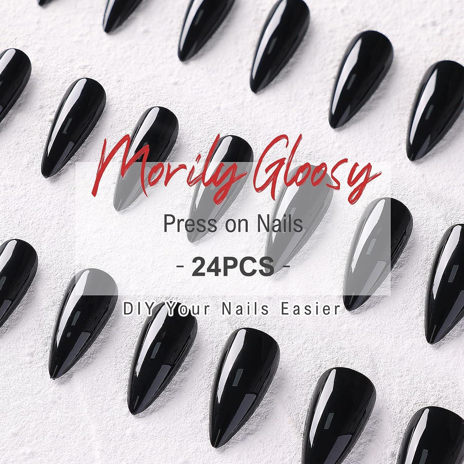 morily 24Pcs Black Press on Nails Stiletto Fake Nails Medium Length Almond  False Nails Tips Long Acrylic Glossy Stick on Nail Solid Color Full Cover  Fingernails Manicure for Women and Girls (Black)