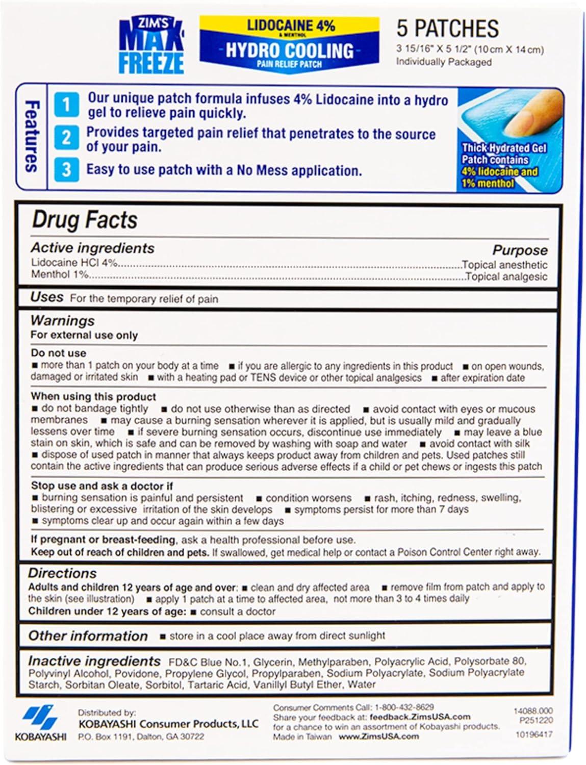 Zim's Max Freeze 4 Lidocaine Pain Relief Patches 5 Count White (P251220)