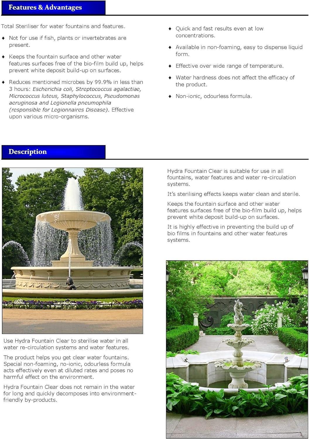 Hydra Fountain Clear Water Feature Cleaner 60ml Treats 1 800L Highest