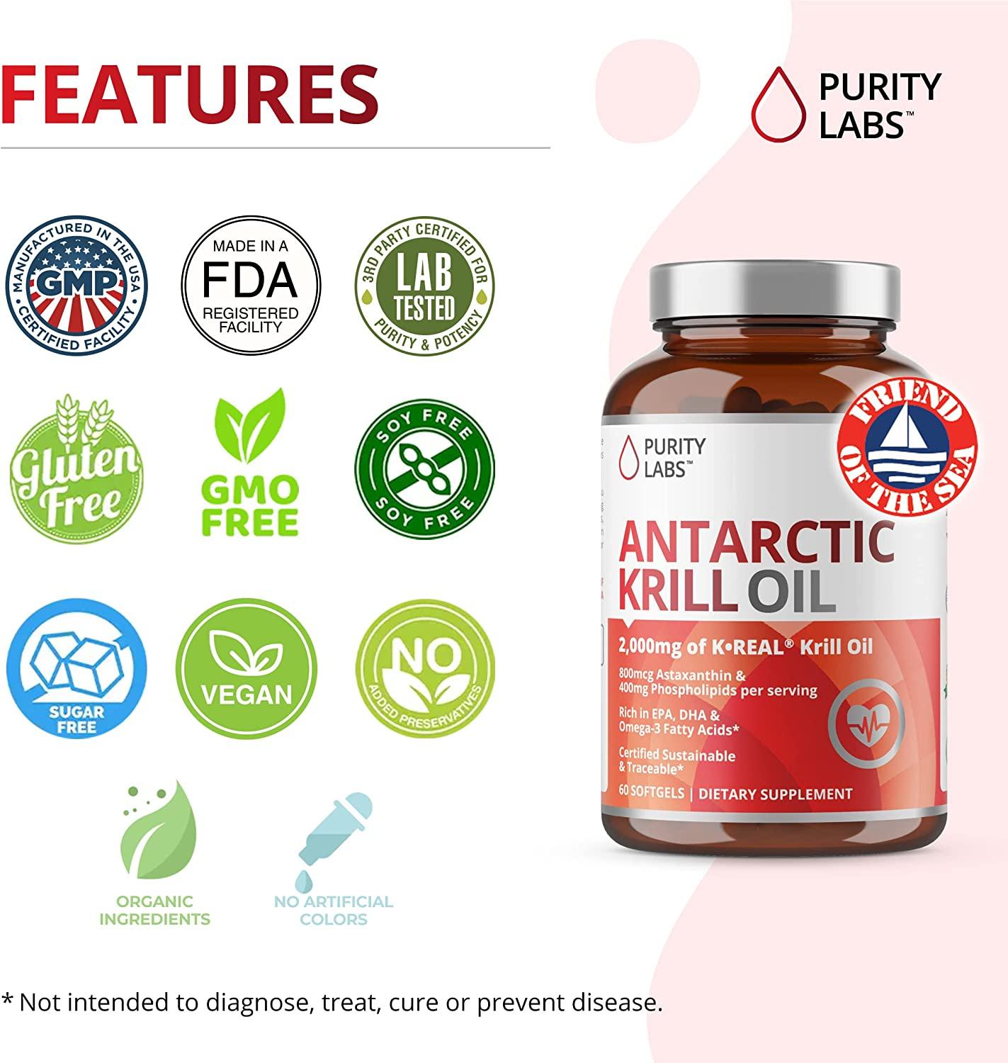 Purity Labs Antarctic Krill Oil Vegan Supplements for Memory, Heart