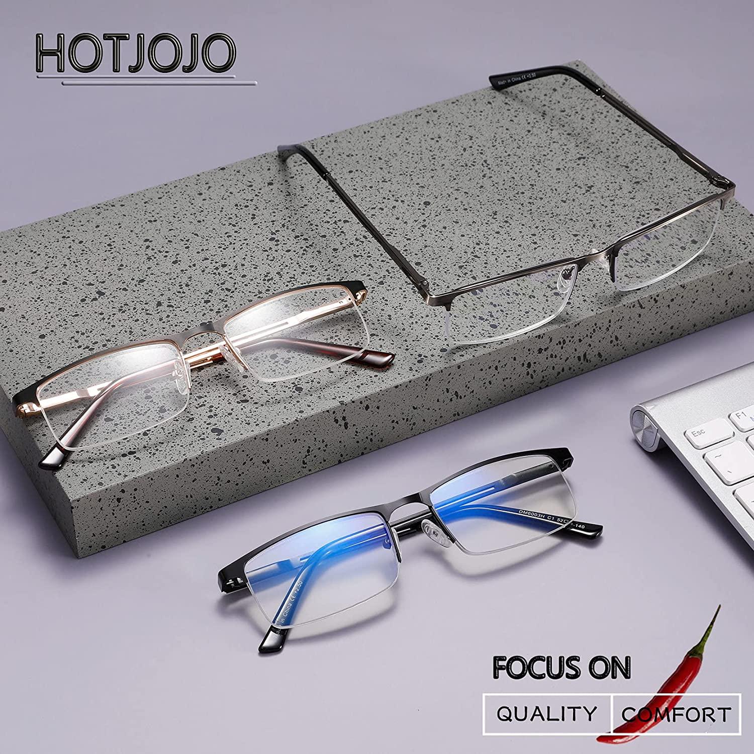 HOTJOJO 3 Pack Reading Glasses for Men Blue Light Blocking Semi Rimless  Computer Readers,Metal Frame Rectangle Magnifying Eyeglasses (3 Colors,  +1.50 Magnification) Black Gold Metalgun 1.5 x