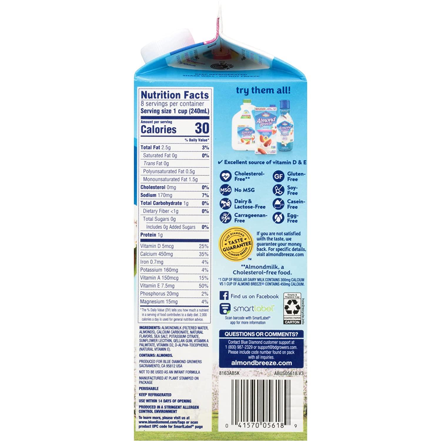 Almond Breeze Blue Diamond, Almond milk, Lactose free, Vanila, 64 Oz Vanilla 64 Fl Oz