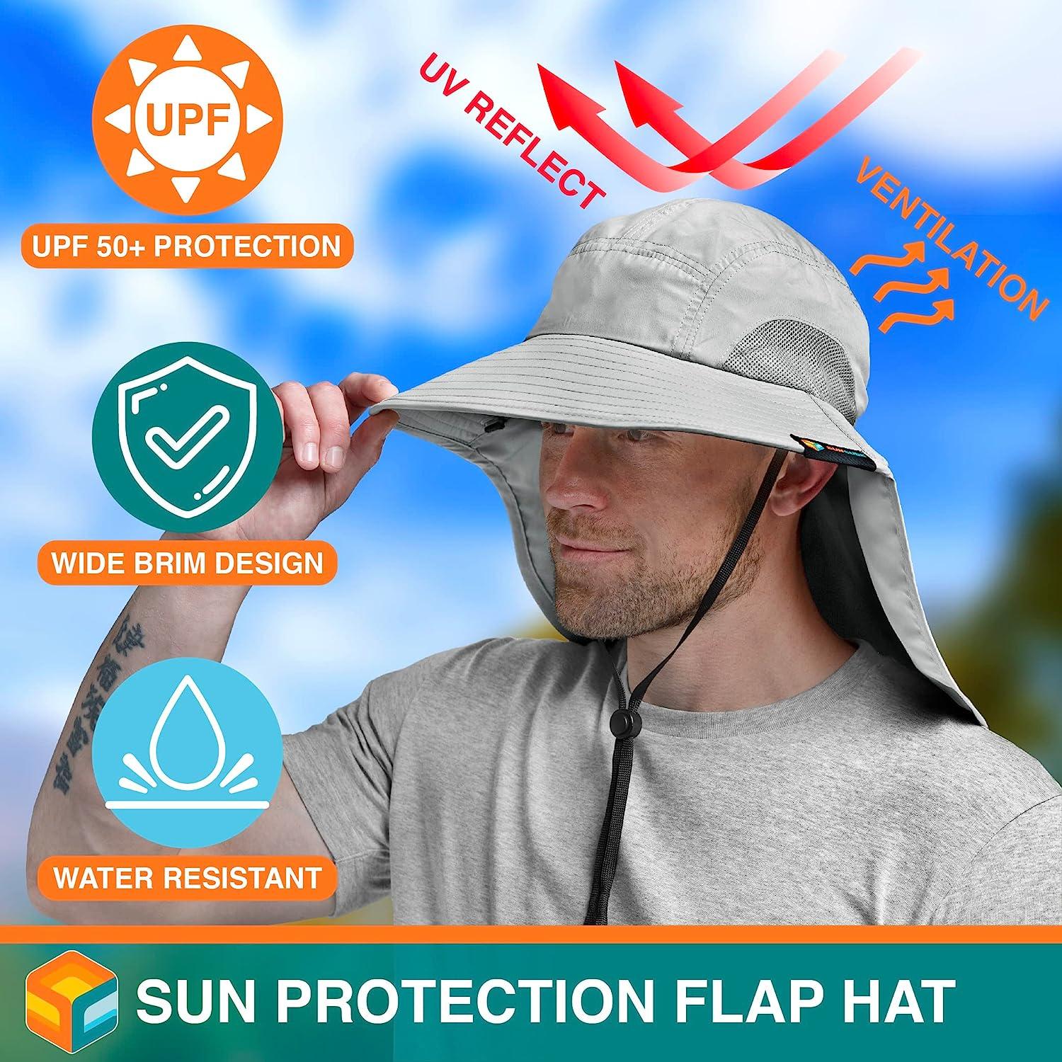 SUN CUBE Wide Brim Sun Hat with Neck Flap, UPF50+ Hiking Safari Fishing Hat  for Men Women, Sun Protection Beach Hat One Size Light Grey