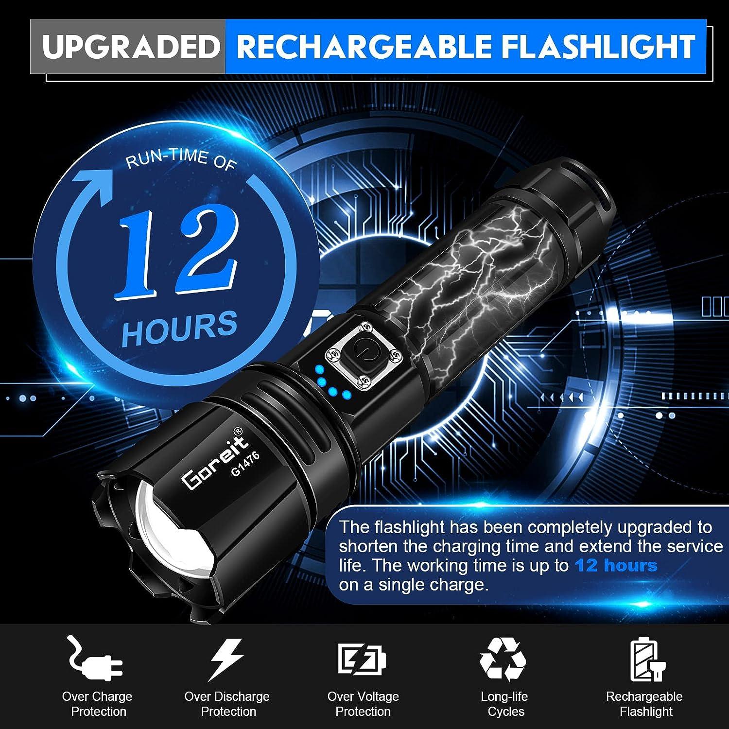 Goreit Flashlight High Lumens Rechargeable, 20000 Lumen Led Flashlights  XHP70.2 USB Super Bright Flash Light, High Powered Handheld Flashlights for  Emergencies Camping, IP67 Waterproof, Zoomable Black