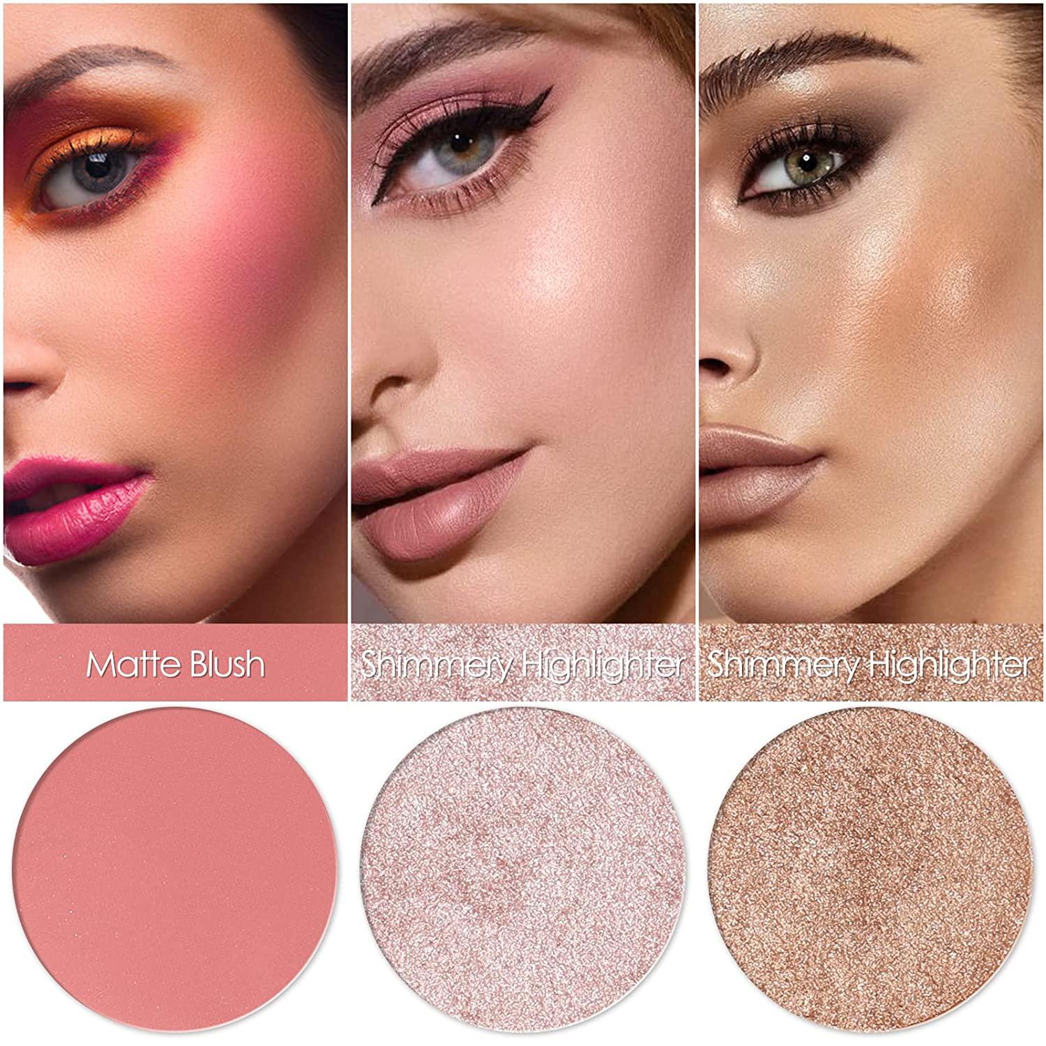 FOCALLURE Blush and Highlighter Palette,3 in 1 Makeup Powder Palette