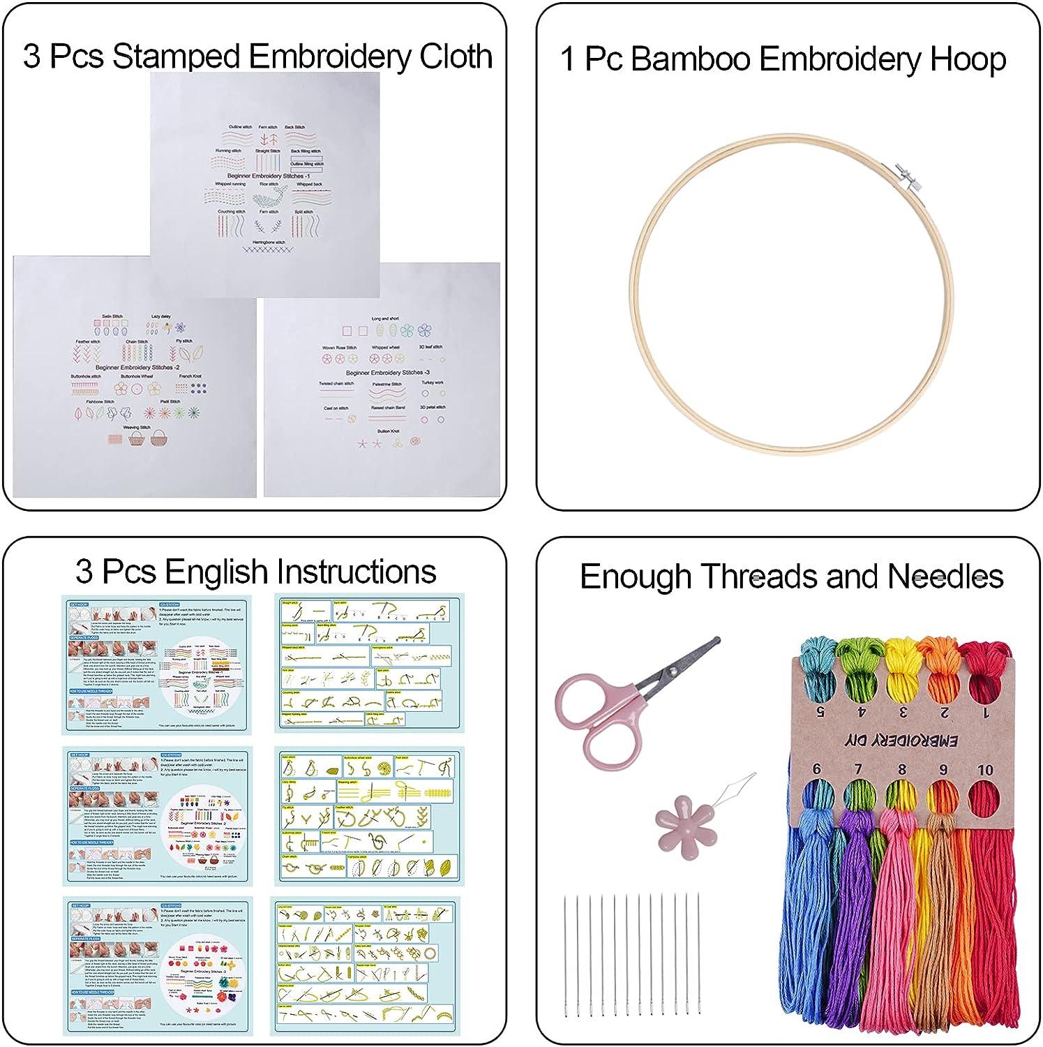 Fanryn Embroidery Kit for Beginners Beginner Embroidery Stitch Practice Kit, 3 Sets Embroidery Kit to Learn 35 Different Stitches for Craft Lover
