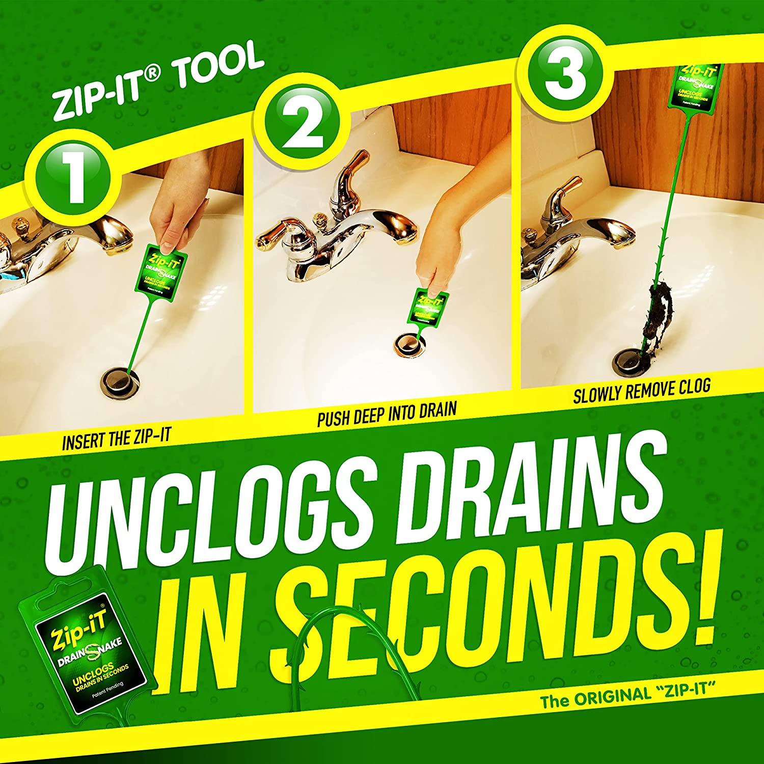 Zip-It Hair Clog Removal 25-inch Drain Snake Cleaner (3-Pack), Unclog Your  Sink, Shower, & Tub In Seconds Non-toxic, Made in the USA