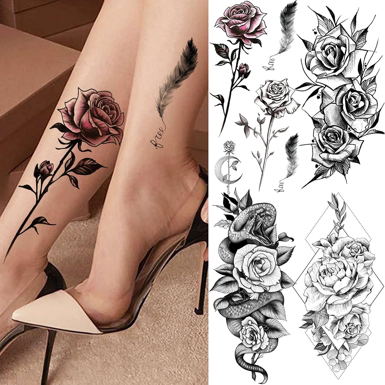 Shegazzi 63 Sheets 3D Flower Temporary Tattoos For Women Girl, 12 Sheets  Realistic Sexy Rose Peony Floral Fake Tattoo Sticker Adult, 52 Sheets Small  Black Snake Letter Anchor Infinity Tatoos Neck Arm