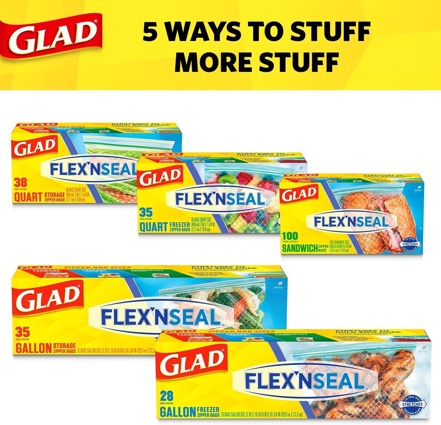 Glad FLEXN SEAL Gallon Freezer Zipper Bags, 28 Count (Pack of 4