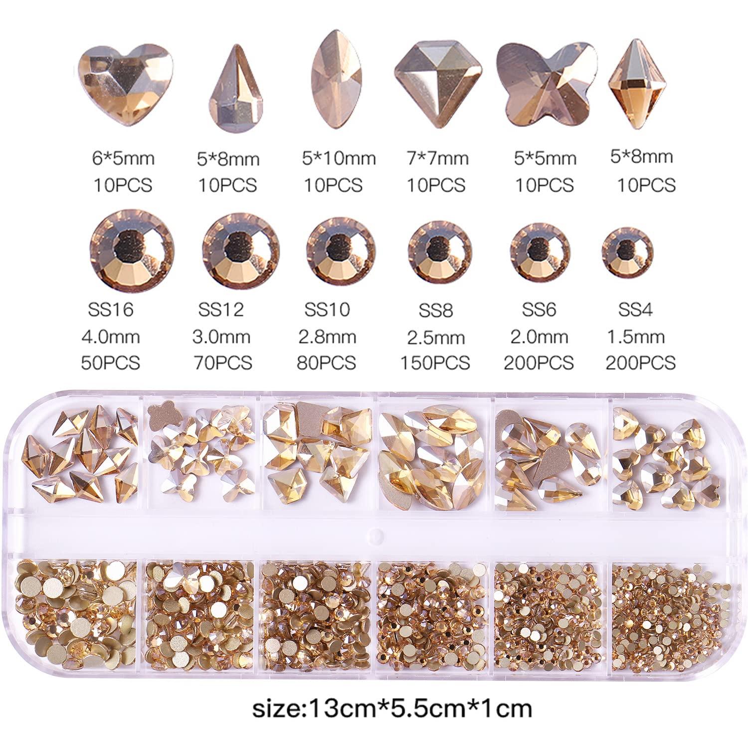 BELICEY Nail Rhinestones Kit 800PCS Multi-Shape Rhinestones for Nail  Crystals Decoration Nail Hearts Butterfly Charm Nail Dimond Gems Stone for Nail  Art Jewels DIY Crafts Clothing (Gold)